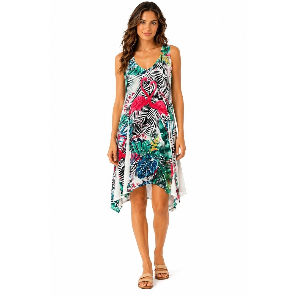 Love Women's Y2K Tropical Flamingo Palm Leaf Sleeveless High Low Dress Size M